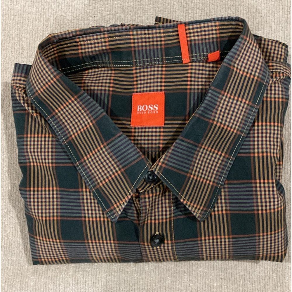 Hugo Boss Mens Buttoned Down Straight Collar Check Print Slim Fit